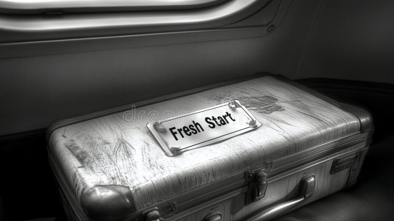 A weathered silver suitcase, marked by scratches, rests on a train seat beside a window royalty free illustration