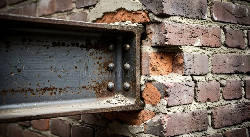 Weathered steel beam riveted to a crumbling brick wall, highlighting structural integrity and decay royalty free illustration