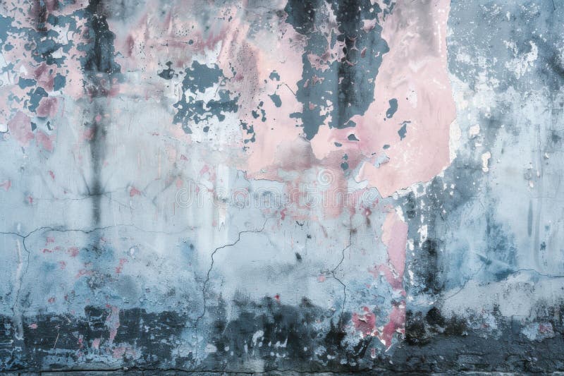 Perete cu cojire, cu pictură în nuanțe de albastru și roz, creând un efect abstract artistic și texturat. ai generativ