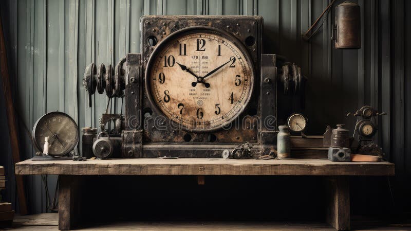 Weathered wooden clock stock illustration