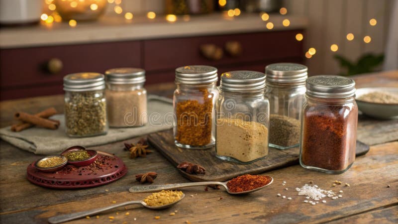 On a weathered wooden counter a collection of clear jars filled with aromatic e blends creates a nostalgic atmosphere stock photos