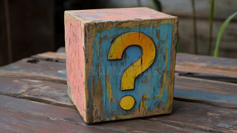 Weathered wooden cube with colorful question mark on rustic table, symbolic concept stock photo