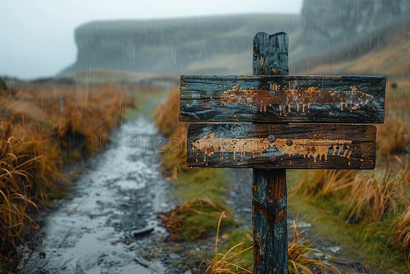 A weathered wooden signpost in a rural setting, pointing in multiple directions, evoking choice and adventure. AI generated. A weathered wooden signpost in a rural setting, pointing in multiple directions, evoking choice and adventure. AI generated