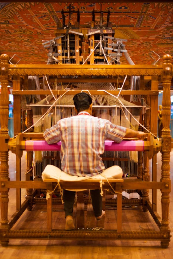 Weaver Using Hand Loom Making Sari