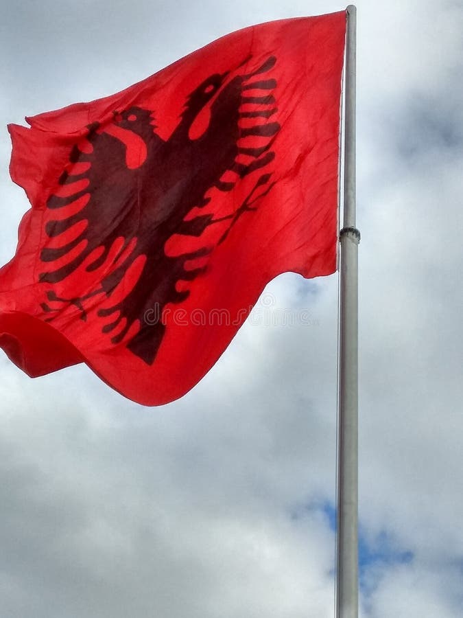 Red Albanian Flag With A Doubleheaded Black Eagle Waving Over The Top