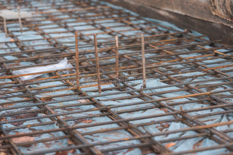 Weaving Steel Reinforcement Prepared for Cement Pouring. Foundation