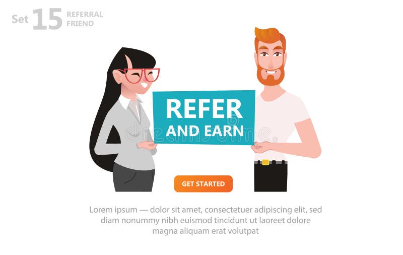 Refer and Earn Vector illustration of guy girl and bubble for you text.