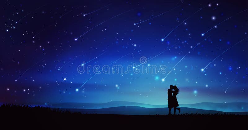 Couple silhouettes under meteor shower, night sky with stars. Romantic lovers silhouettes, hugging and kissing under falling stars, outdoor on a field and starry royalty free illustration