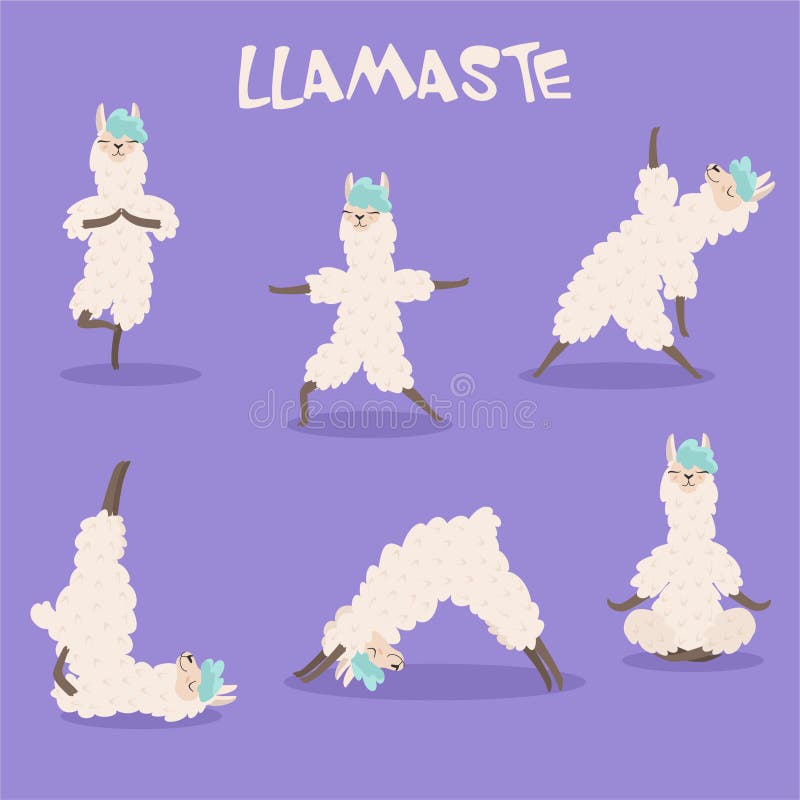 Set of stylish cartoon llamas in various poses of yoga. Vector illustrations isolated on purple background. royalty free illustration Set of stylish cartoon llamas in various poses of yoga. Vector illustrations isolated on purple background. royalty free illustration
