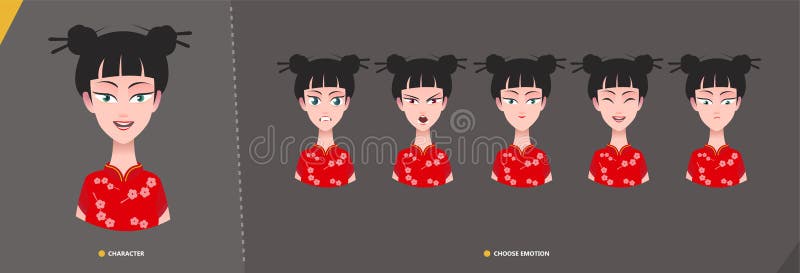 Chinese azian woman girl character set of emotions