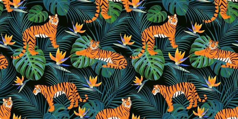 Trendy tiger pattern with tropical leaves and exotic flowers. Vector seamless texture. royalty free illustration Trendy tiger pattern with tropical leaves and exotic flowers. Vector seamless texture. royalty free illustration