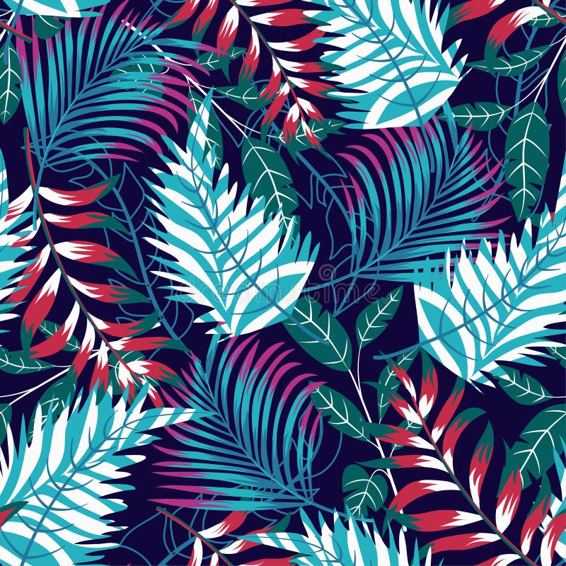 A trending abstract pattern with tropical leaves and flowers on a delicate pastel background. Vector design. Jungle print. Floral