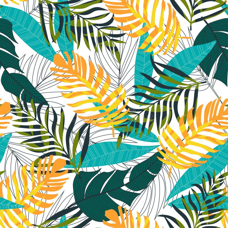 A trending abstract pattern with tropical leaves and flowers on a delicate pastel background. Vector design. Jungle print. Floral