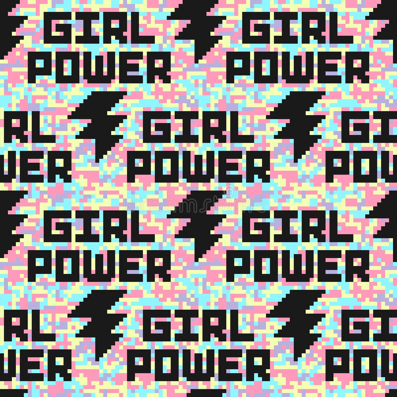 Holographic digital camouflage seamless pattern with girl power quote. Feminist slogan.