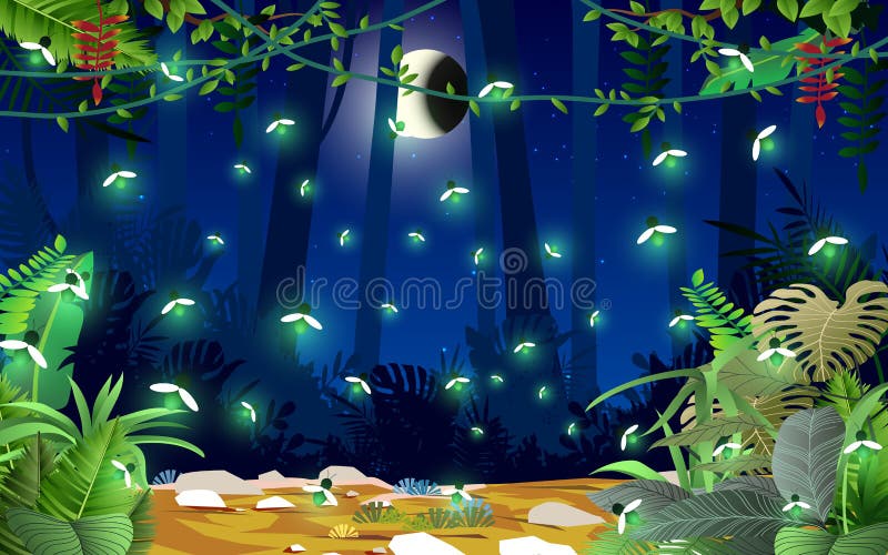Landscape of Forest in Night Stock Vector - Illustration of firefly