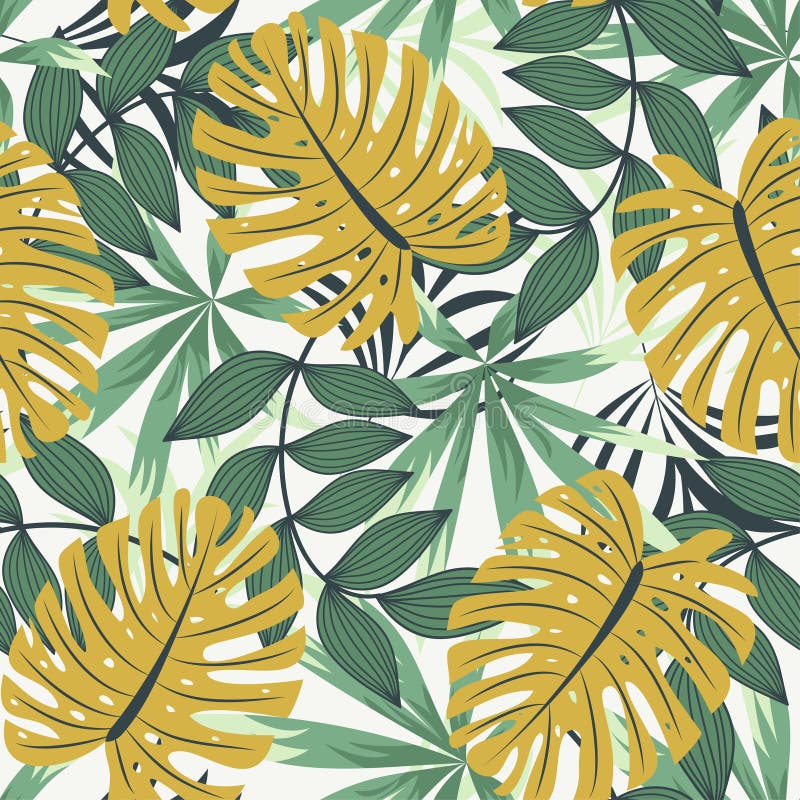 Summer abstract trend seamless pattern with bright tropical leaves and plants. Vector design. Jungle print. Floral background. Pri vector illustration
