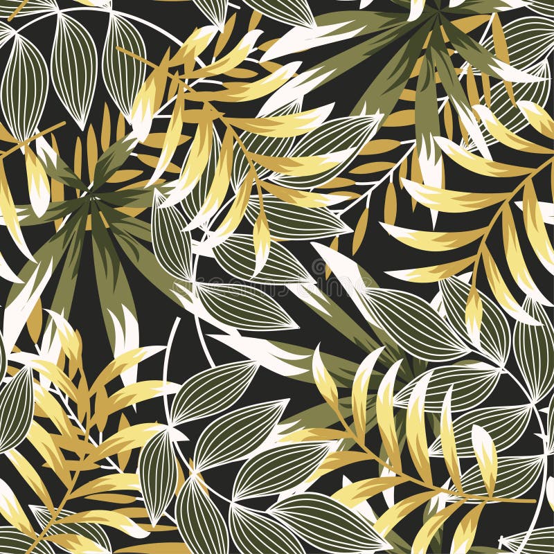 Summer abstract trend seamless pattern with bright tropical leaves and plants. Vector design. Jungle print. Floral background. Pri stock illustration