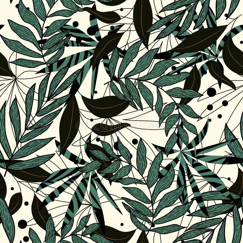 Summer abstract trend seamless pattern with bright tropical leaves and plants. Vector design. Jungle print. Floral background. Pri stock illustration