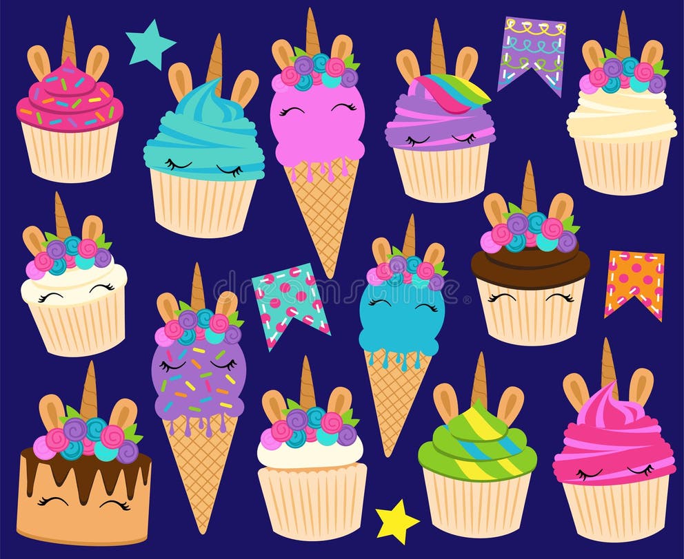 Collection Desserts. Pink Cupcake with Sprinkles. Cherry on a Branch, Leaves. Ice Cream in Cone. Red Lollipop Stock Vector... 