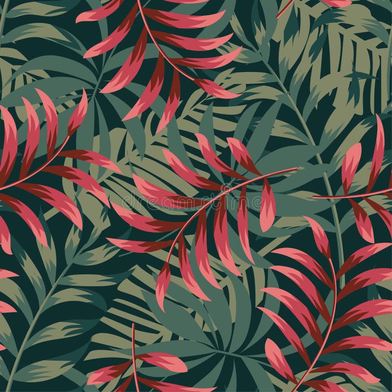 Summer abstract trend seamless pattern with bright tropical leaves and plants. Vector design. Jungle print. Floral background. Pri royalty free illustration