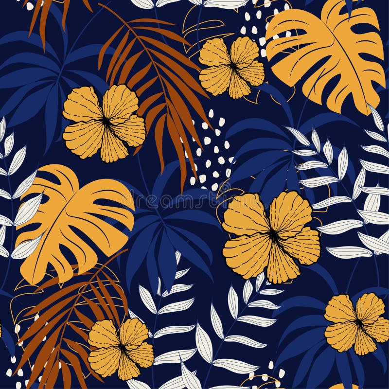 Summer abstract trend seamless pattern with bright tropical leaves and plants. Vector design. Jungle print. Floral background. Pri royalty free illustration