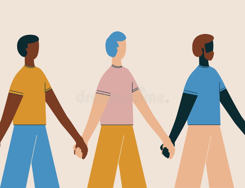 Men holding hands. People standing in row together. Concept of happiness, friendship, diversity, community, strength. vector illustration Men holding hands. People standing in row together. Concept of happiness, friendship, diversity, community, strength. vector illustration