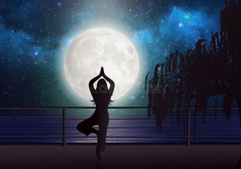 Meditation on a bridge watching the midnight sky with stars and full moon, light reflection in water wallpaper stock illustration