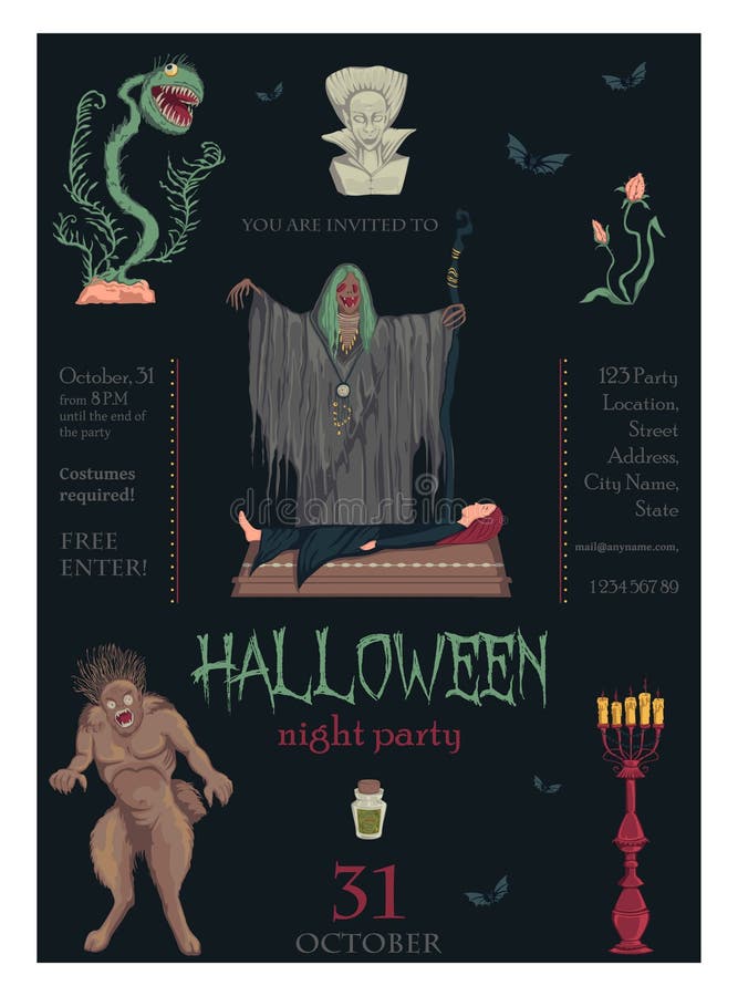 Halloween night party invitation. Creepy characters and decorations. Design template for greeting card, wallpaper, poster, flyer. vector illustration