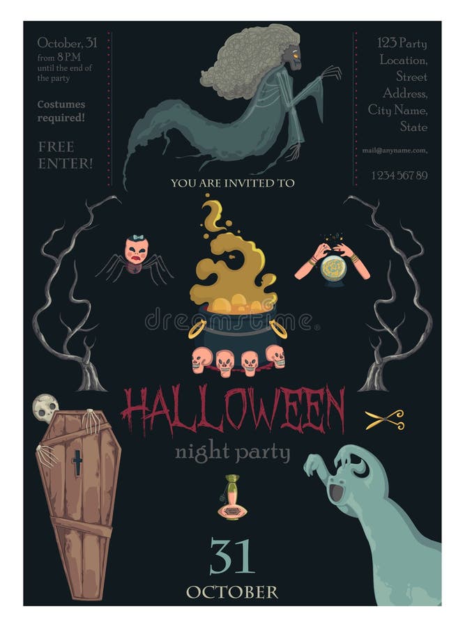 Halloween night party invitation. Creepy characters and decorations. Design template for greeting card, wallpaper, poster, flyer. stock illustration