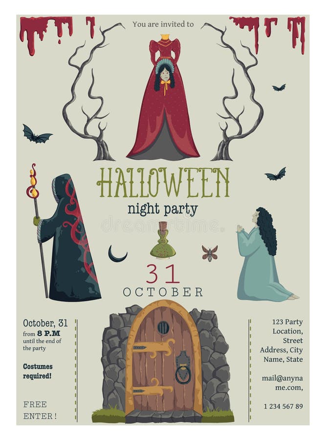 Halloween night party invitation. Creepy characters and decorations. Design template for greeting card, wallpaper, poster, flyer. vector illustration