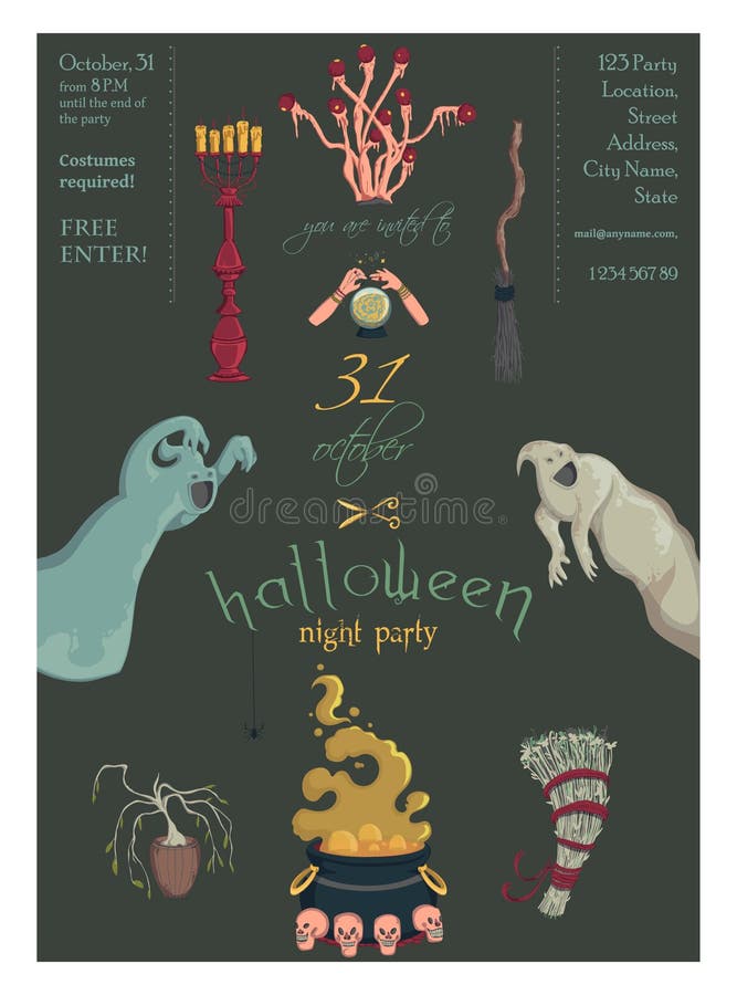 Halloween night party invitation. Creepy characters and decorations. Design template for greeting card, wallpaper, poster, flyer. vector illustration