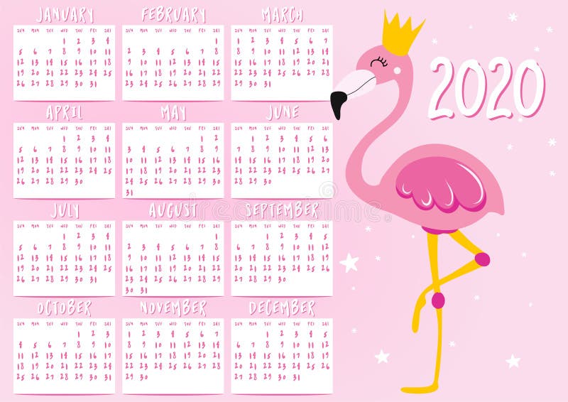 Flamingo Calendar for 2020 Year. Cute Design, Printable Planner Stock