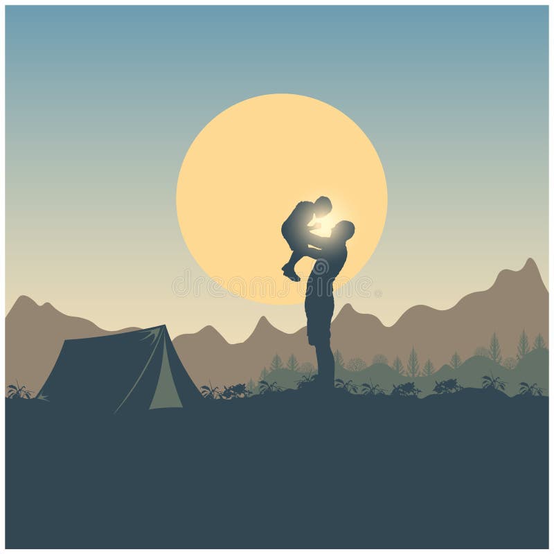 Wanderlust and camping. Silhouette of people dad and son, mountains, hills and forest on the sun and sky background. Concept adven