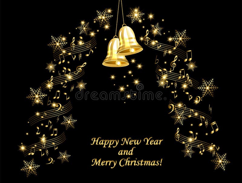 Christmas Card with Golden Bells on a Musical Theme Stock Illustration