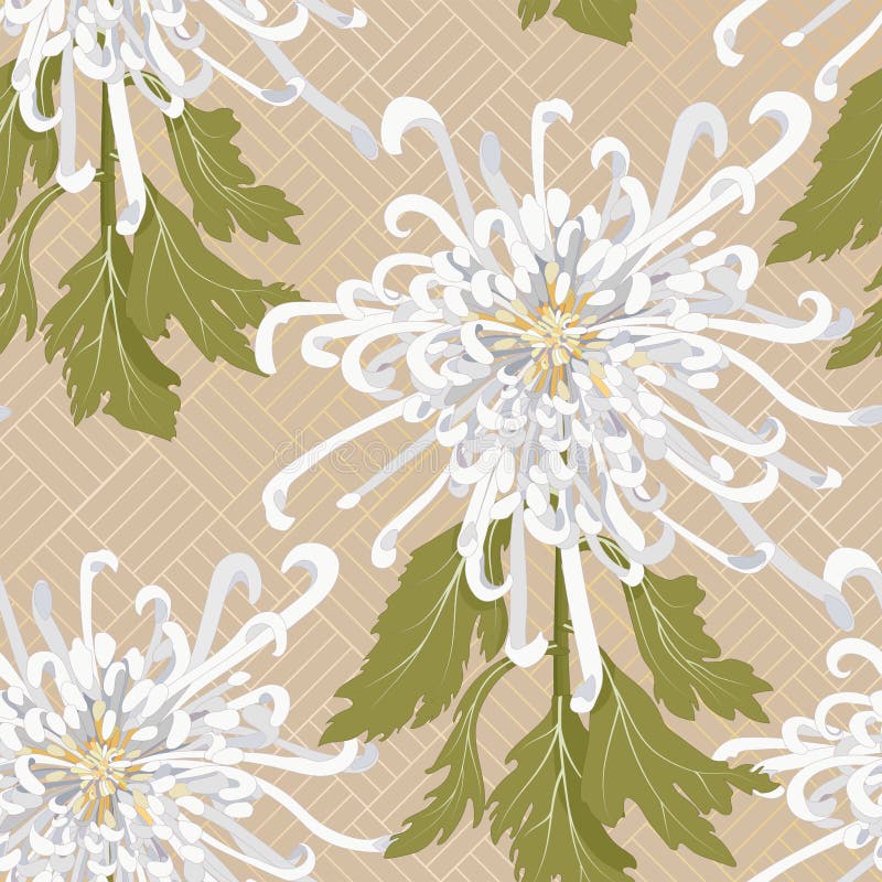 Chrysanthemum is the national flower of Japan. Seamless floral pattern with white chrysanthemum on a beige background with a gold royalty free illustration Chrysanthemum is the national flower of Japan. Seamless floral pattern with white chrysanthemum on a beige background with a gold royalty free illustration