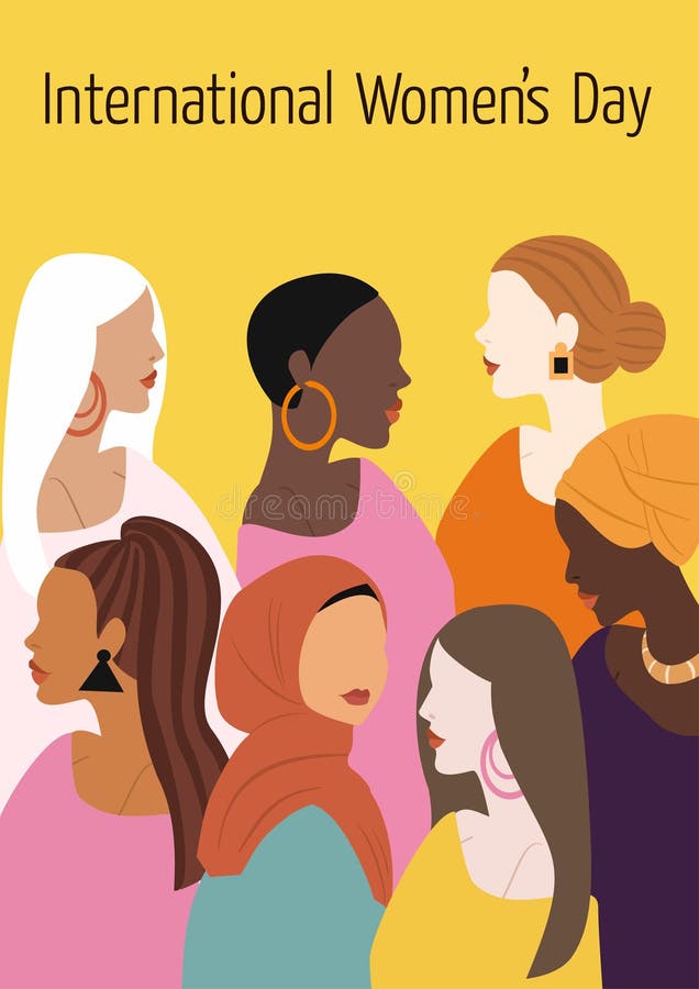 International Women`s Day. Vector illustration with women of different nationalities and cultures. The struggle for freedom, independence, equality