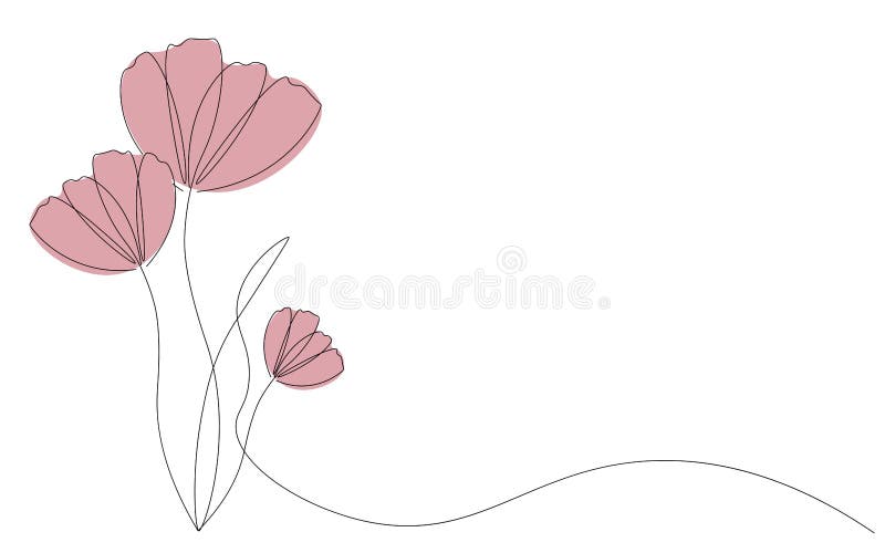 Spring flowers background, pink design bloom. Continuous line drawing. Vector illustration