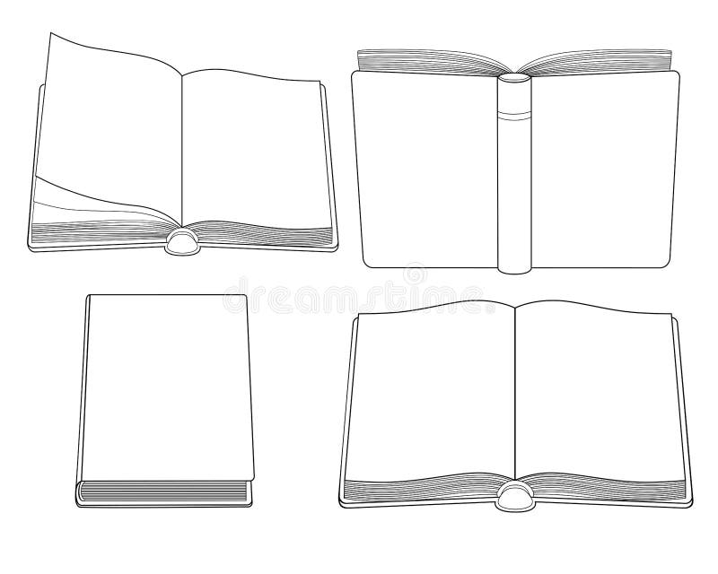 Books. Set of four different books - linear vector pictures for coloring. Outline. The set contains open and closed books vector illustration