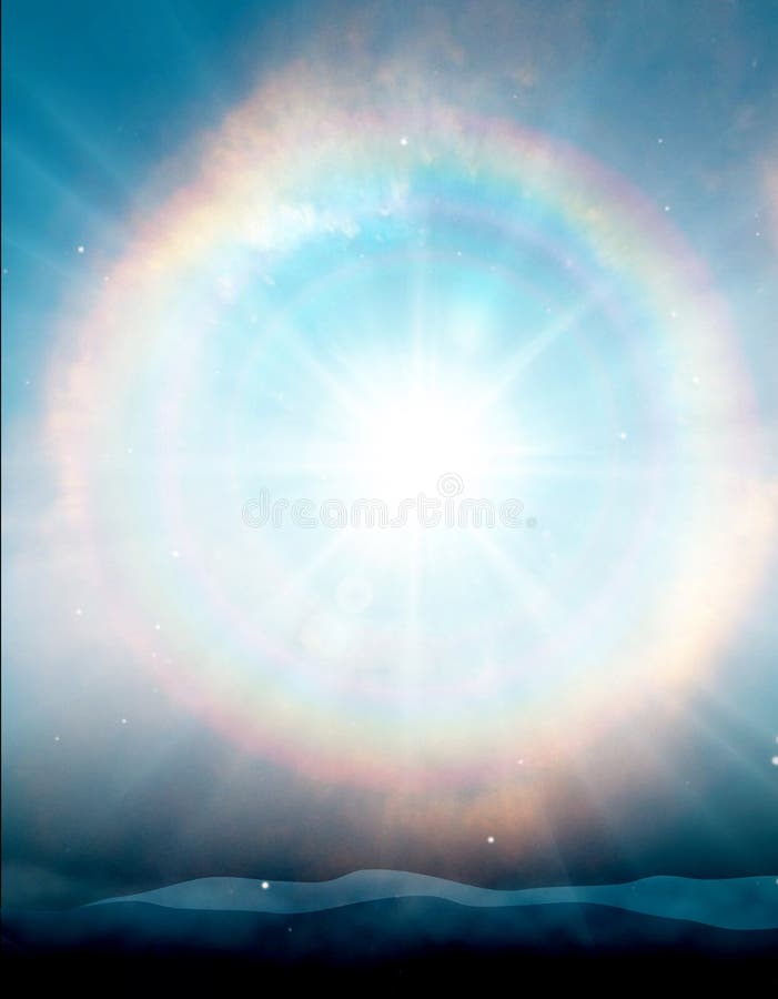 Star gate, sun portal on blue sky. Circular burst rainbow light rays, nebula. Star gate, sun portal on blue sky. Circular burst rainbow light rays, nebula.