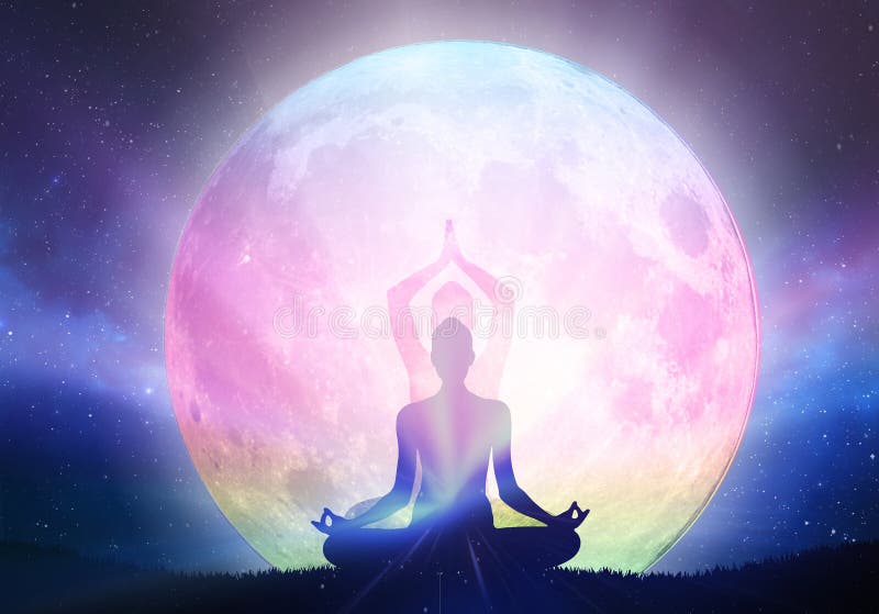 Mountain girl silhouette, meditation under stars, full pink moon