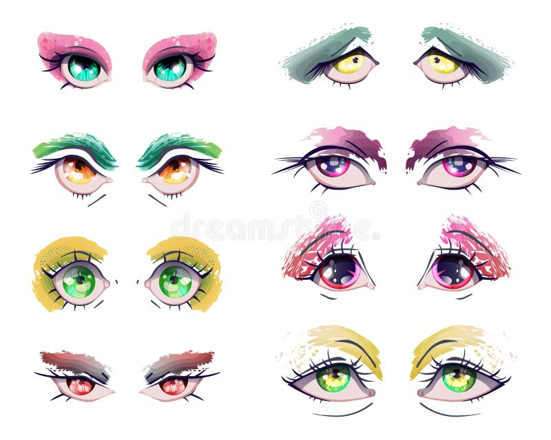 Cartoon Anime Eyes Set. Manga Kawaii Eyes with Different Colors,  Expressions and Grunge Eyeshadows, Sparkling and Dazzling Stock Vector -  Illustration of anime, comic: 180279367