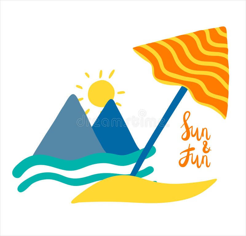 Bright summer simple illustration with orange striped sun umbrella on the beach with landscape of blue sea and moutains on horizon