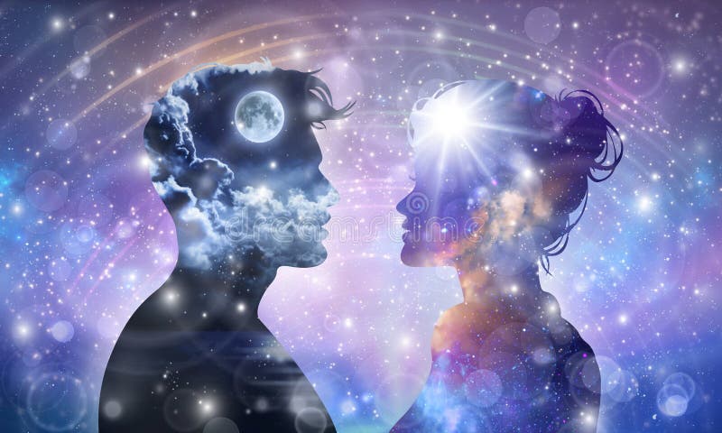 Human male, female bodies, Universe Inspiration Enlightenment Unity consciousness, Yin Yang, twin flames, cosmic lovers