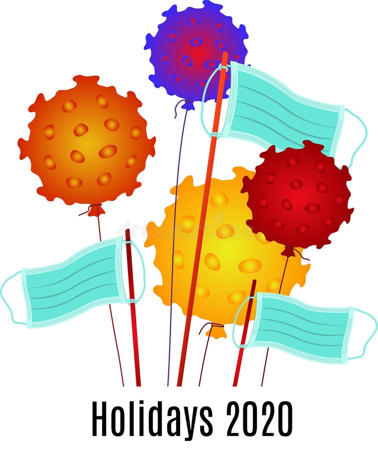 Holidays 2020. Balloons like coronavirus, flags from a medical mask. Parade, Victory day. Symbol of isolation and cancellation of celebration of a holiday, party, birthday.