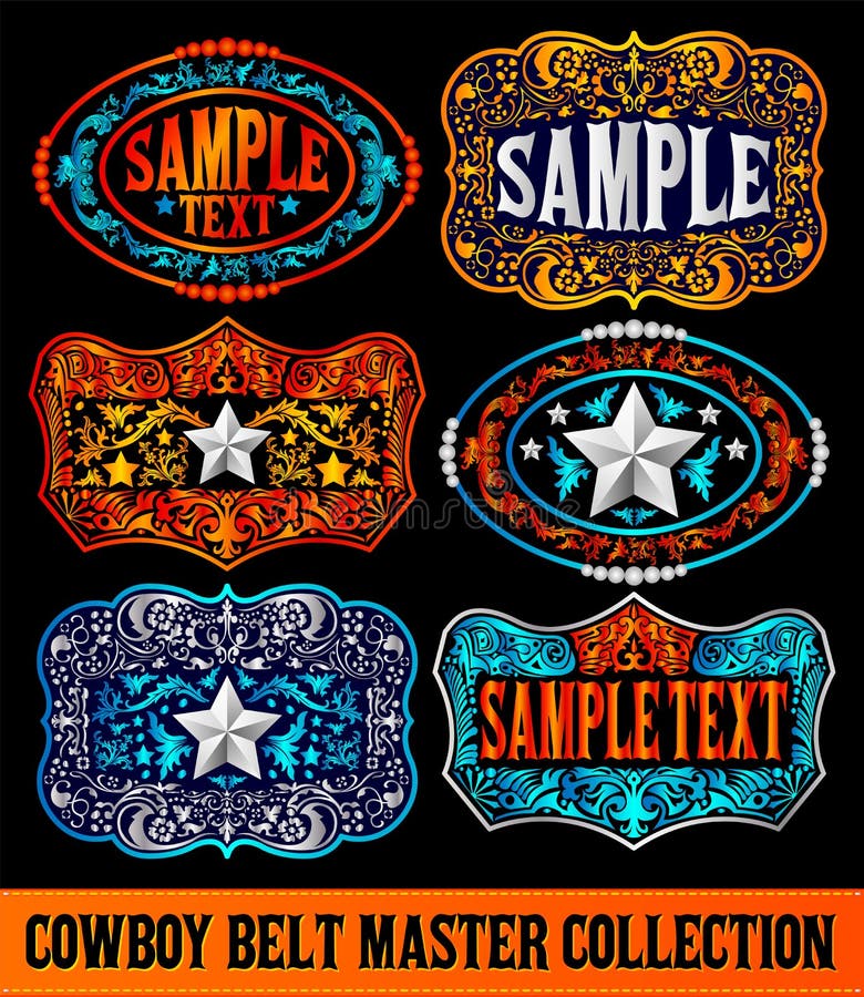 Western Style Cowboy Belt Buckle Label Master Collection Set. Stock