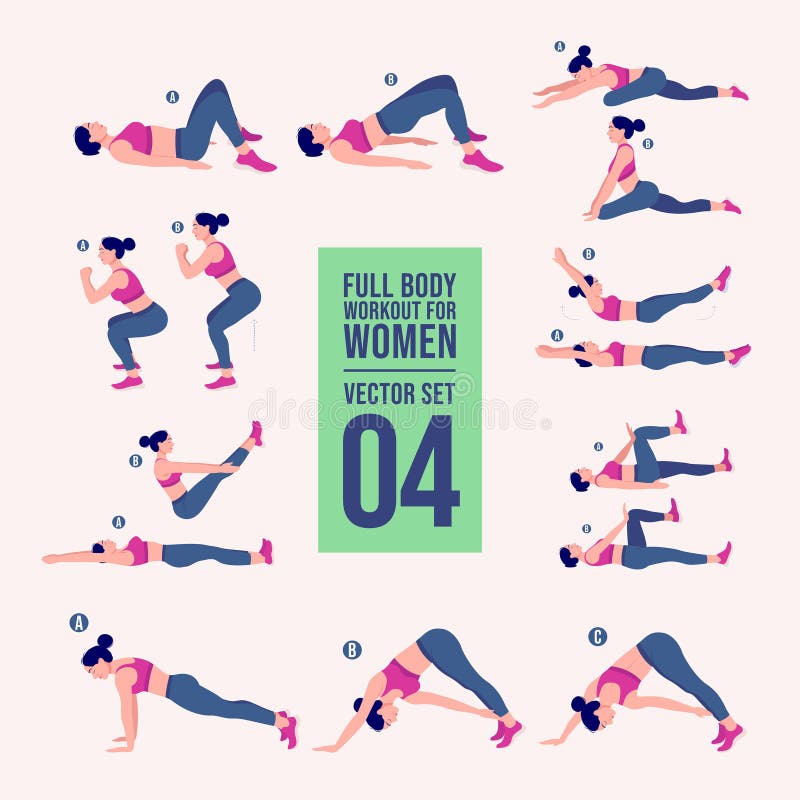 Woman full body workout fitness, aerobic and exercises set. Vector Illustration.