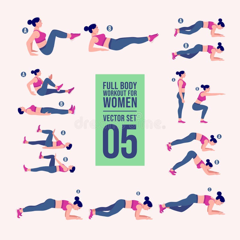 Woman full body workout fitness, aerobic and exercises set. Vector Illustration. royalty free stock photos