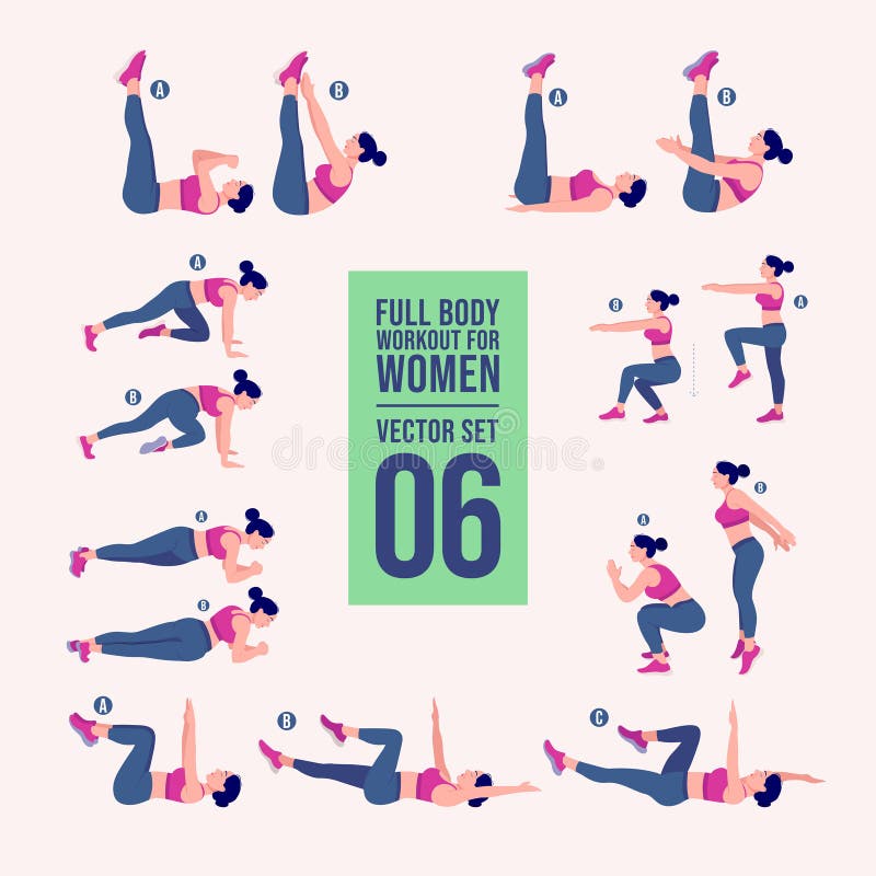 Woman full body workout fitness, aerobic and exercises set. Vector Illustration.