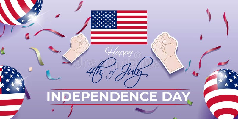 Vector illustration for American Independence day. Celebrated on 4th July showing American flag with balloons in colours of flag, confetti and hands showing royalty free illustration