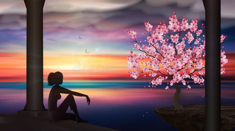 Japanese cherry tree blossom on a cliff in orange sunset, meditation, nature landscape